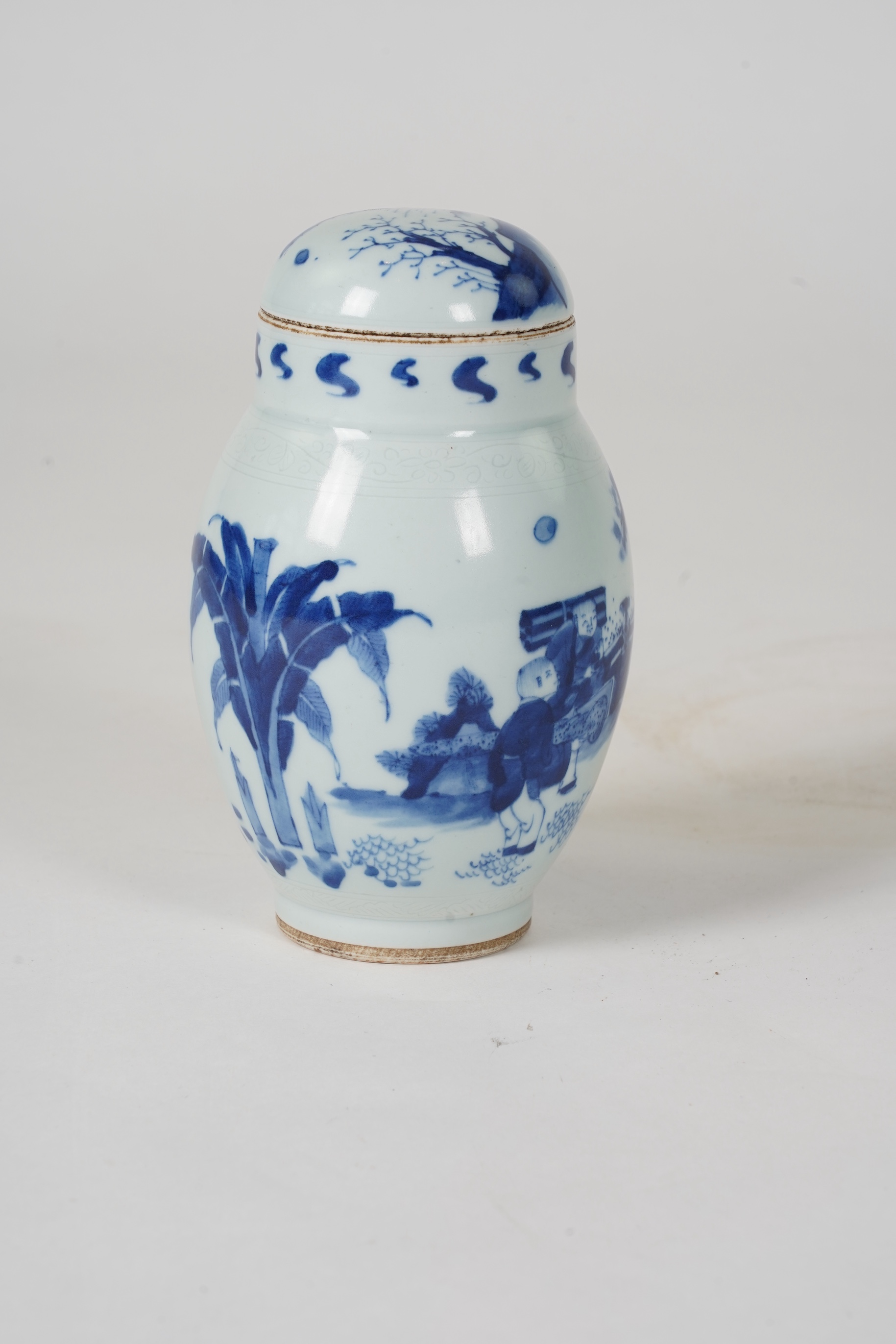 A Chinese blue and white ‘figures in garden’ jar and cover, Chongzhen or later